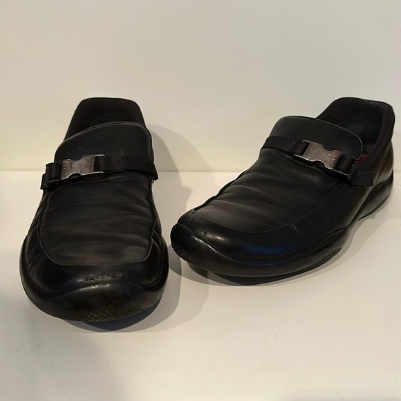 Prada | Men’s | Black leather loafer shoes | Side strap | Size 10 main image 7